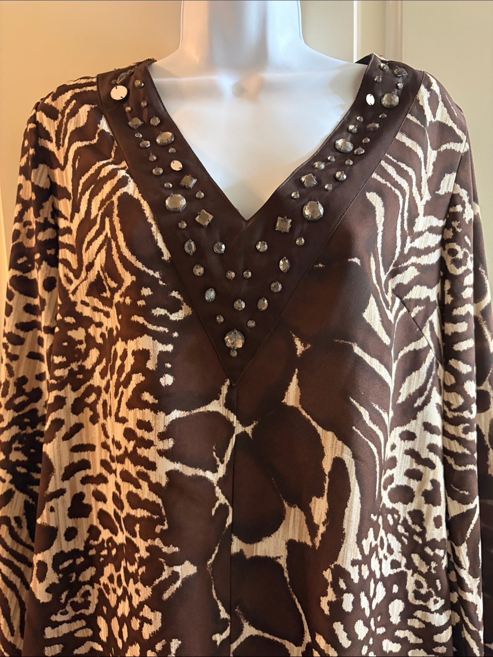 Macy's Brown and Cream Animal-Print V-Neck Studded Tunic
